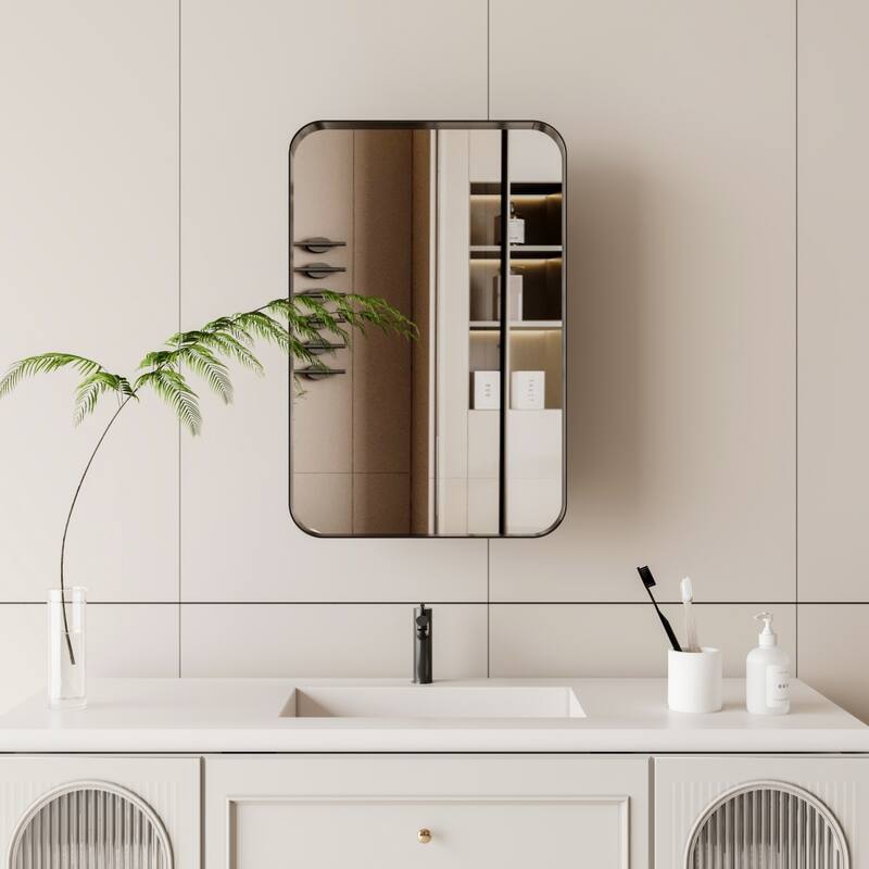 16 in. x 24 in. Recessed Black Metal Framed Medicine Cabinet with Mirror and Adjustable Shelves for Bathroom