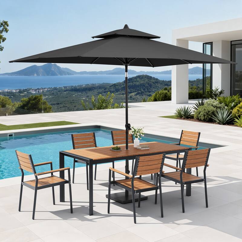 Set of 9 Outdoor Patio Dining Set WoodLike Aluminum Umbrella Hole Table with Stackable Armchairs, Market Umbrella Set - BrownTable&BrownChairs&BlackUmbrella