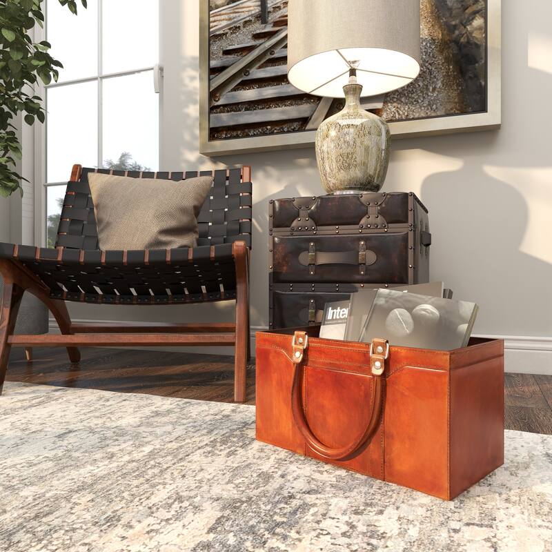 Leather Handmade Box Style Single Slot Magazine Holder with Detail Stitching and Curved Handles - Brown - Roche River Decor