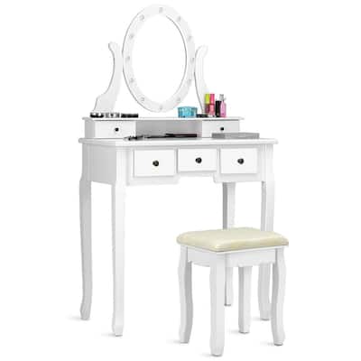 5 Drawers Vanity Table Stool Set with 12-LED Bulbs - 31.5" x 16" x 55" (L x W x H)