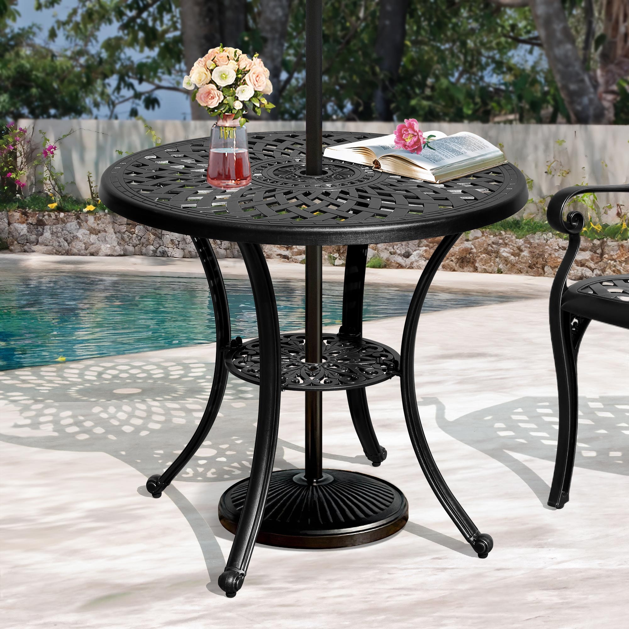 Oval outdoor dining table with umbrella hole top