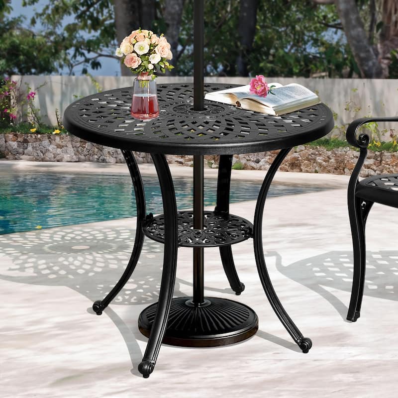 Moasis 30.7" Round Antique Cast Aluminum Outdoor Patio Dining Table with Umbrella Hole - Black
