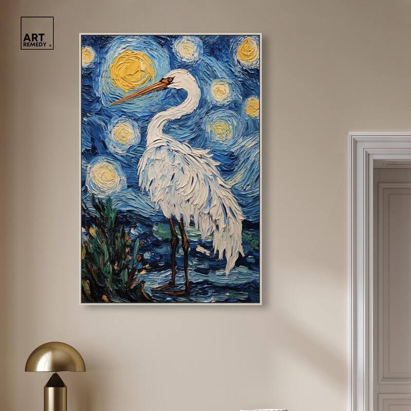 Crane in Starry Night Canvas by Art Remedy