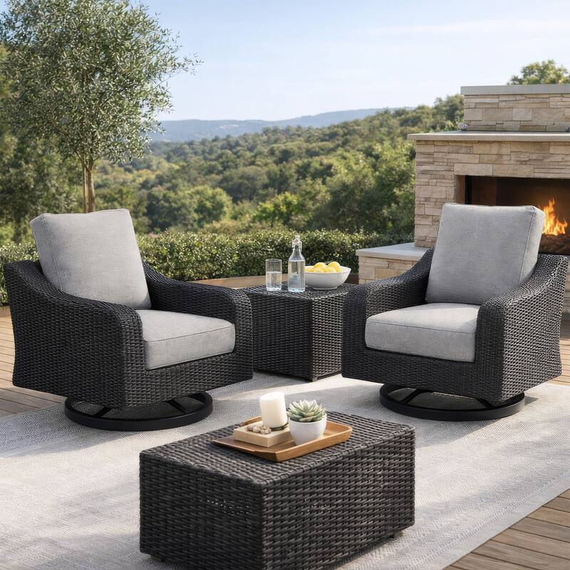 Tira 38 Inch Outdoor Swivel Lounge Chair, Cushioned, Resin, Black, Gray