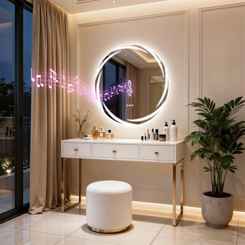 32" Round Bluetooth Speakers Vanity Mirror Wall Mounted Bathroom Mirror - 31.50"x31.50"