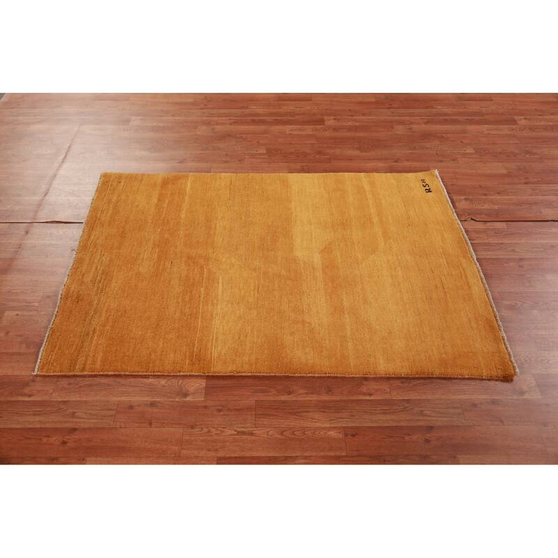 Yellow Gold Modern Gabbeh Oriental Rug Hand-Knotted Wool Carpet - 3'5" x 4'10"
