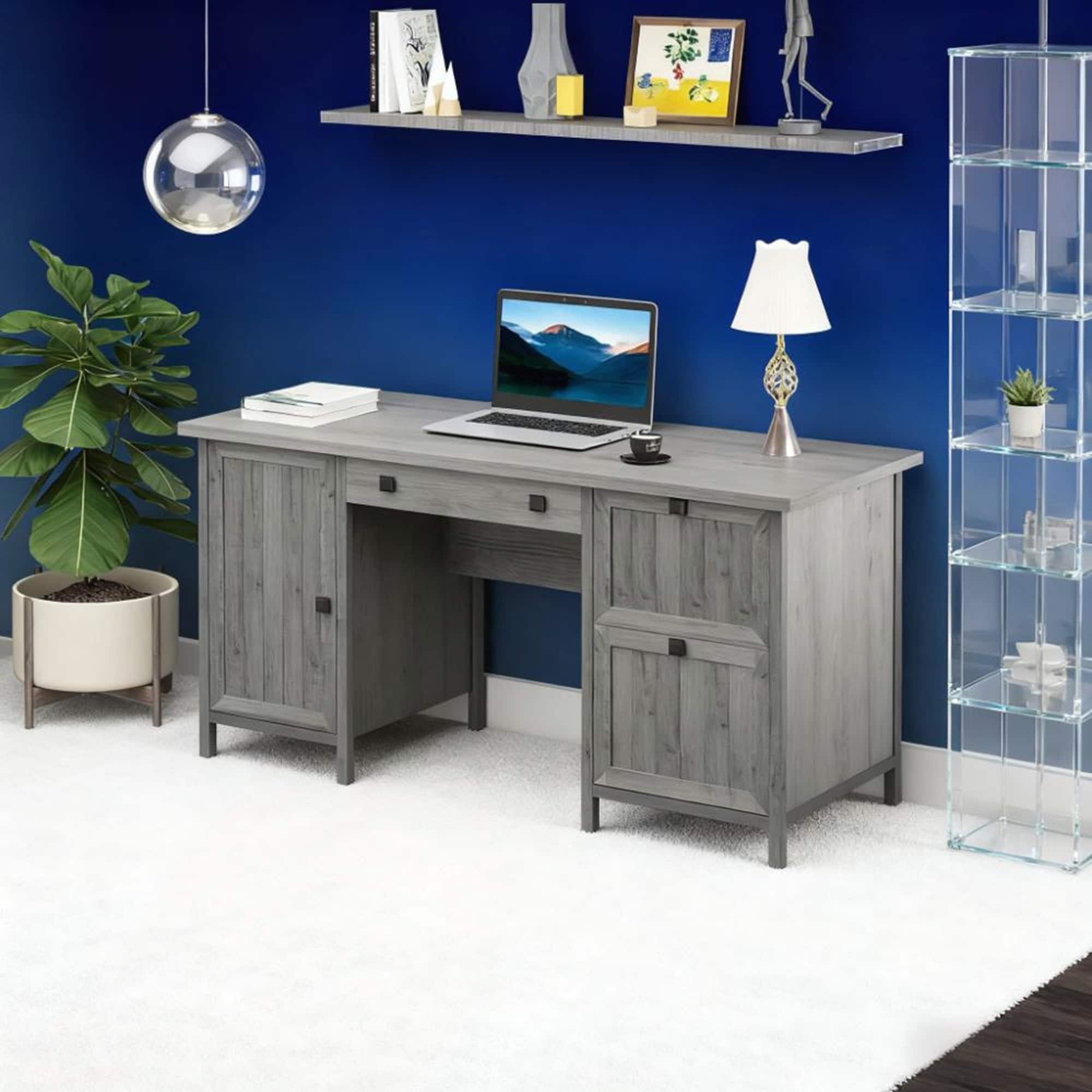 Vintage Executive Computer Desk with Ample Storage and Cable Management for Home Office Workstation