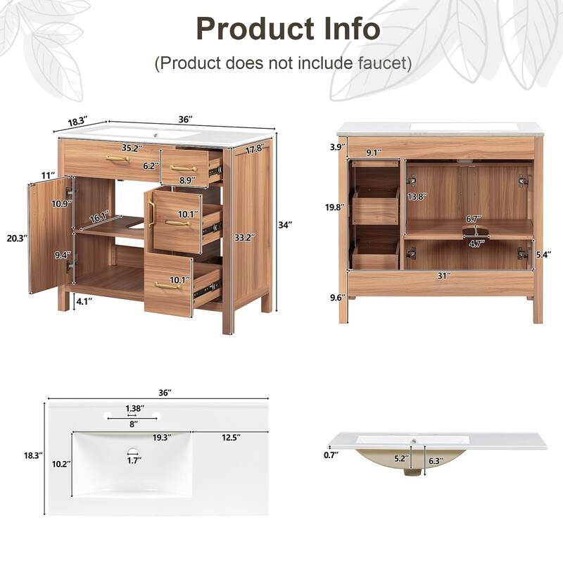 36" Bathroom Vanity with Solid Wood Frame,And Ceramic Sink