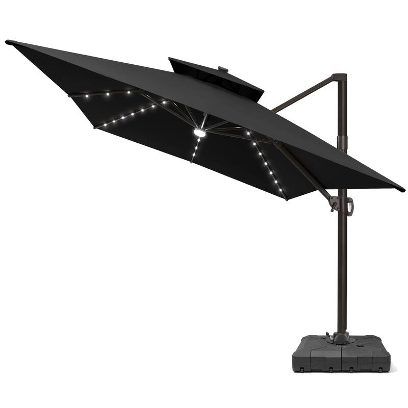 10 X 13 FT Outdoor Patio Cantilever Umbrella with Solar Lights Wheeled Base Double Canopy 360 Rotation Tilt