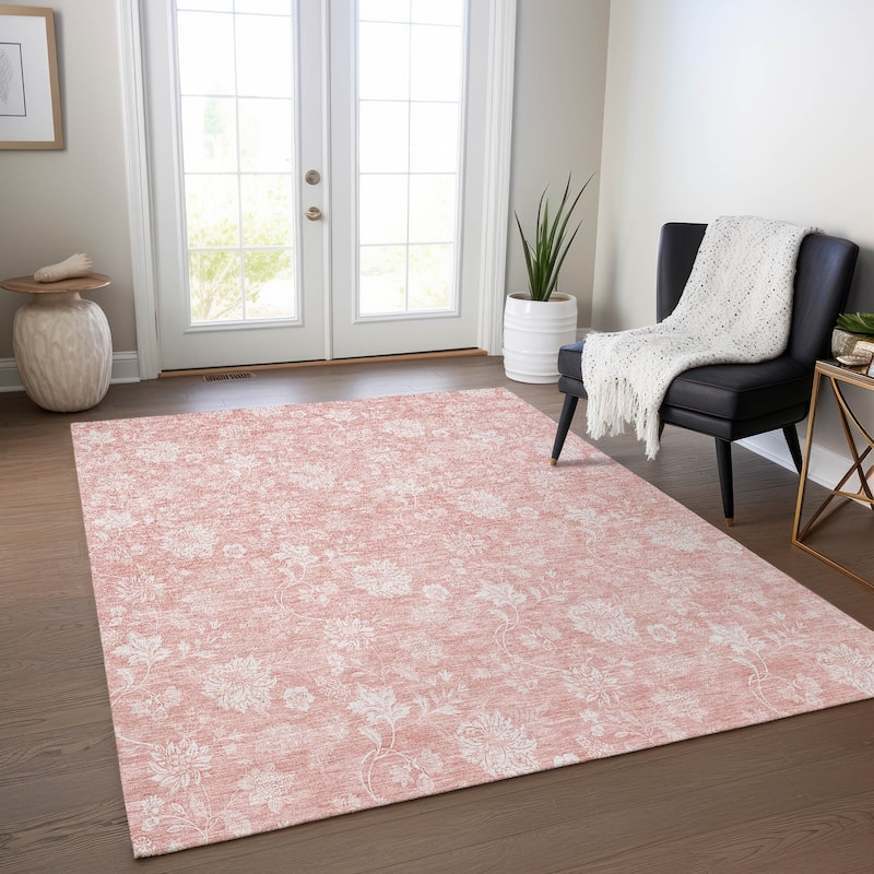 Machine Washable Indoor/ Outdoor Chantille Casual Floral Farmhouse Rug - Pink - 5' x 7'6"