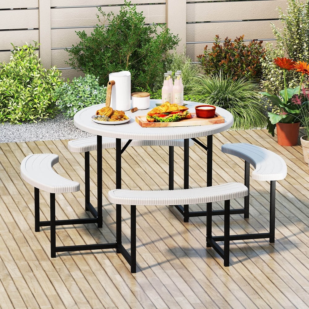 Costway Round Picnic Table Bench Set with 4 Benches Umbrella Hole All - See Details