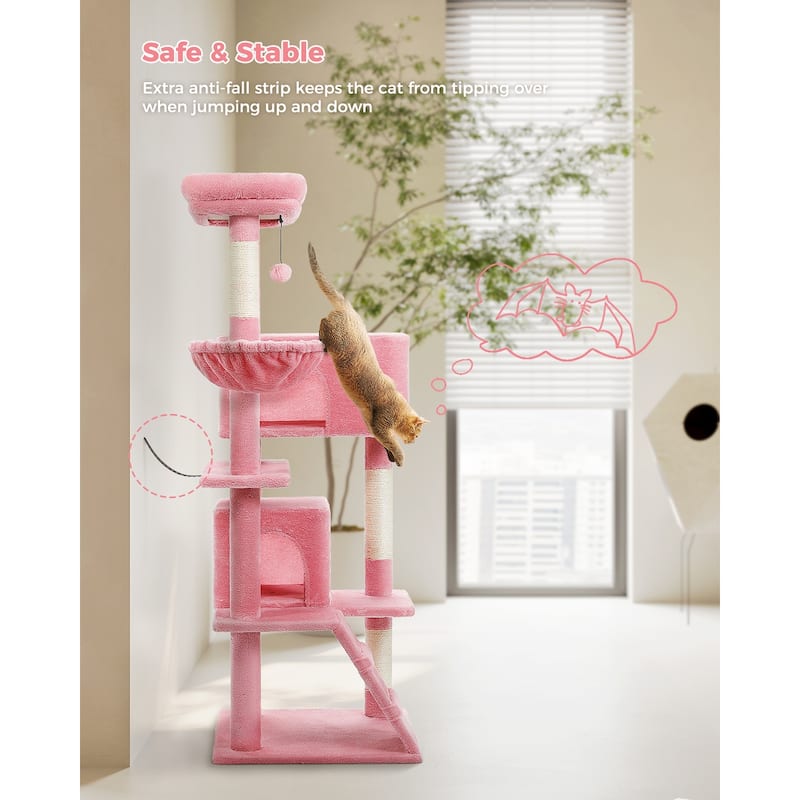 Cat Tree with Large Top Perch, Plush Hammock, 2 Condos, Dangling Pompom & Cat Scratching Posts