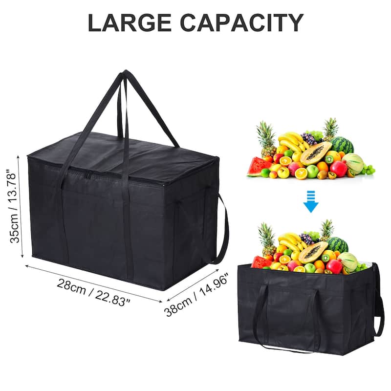 2Pcs Insulated Reusable Grocery Bag Food Delivery Bag with Zipper 22.8"x13"x15" - Black - Black