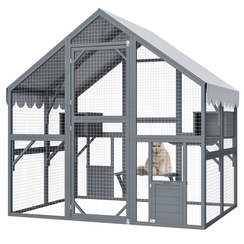 Large Outdoor Cat Catio Enclosure, Wooden Walk in Cats House Outside, Cat Shelter Kitty Cage with 2 Doors & 2 Hiding Houses