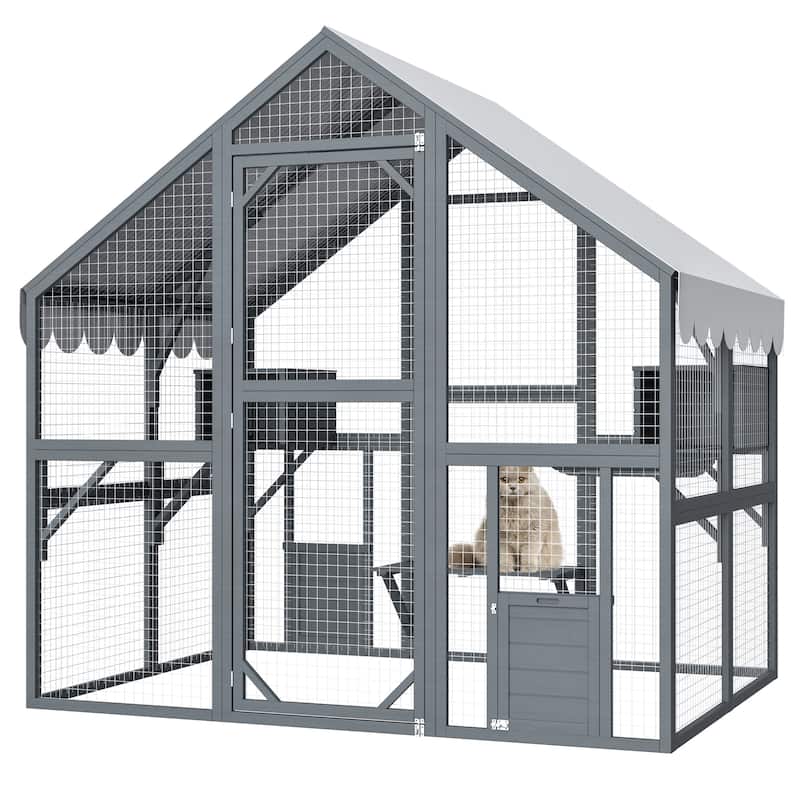 Large Outdoor Cat House - 28ft² Walk-In Wooden Catio with Cat Doors, Playpens, Bridges & Roof, Grey