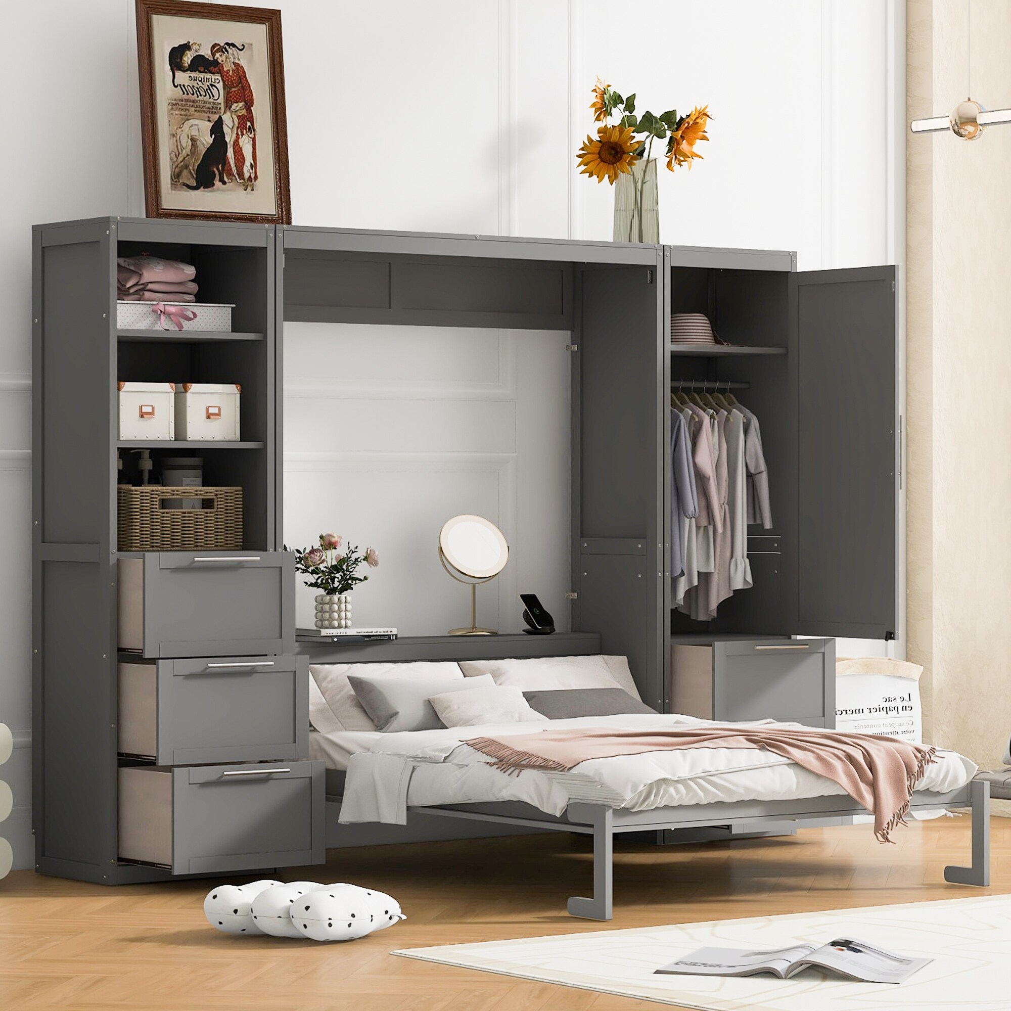 Side Flip Murphy Bed White Foldable Wall Bed with 5 Drawer and 3 Tier Shelve and Wardrobe for Living Room Apartment Grey Queen