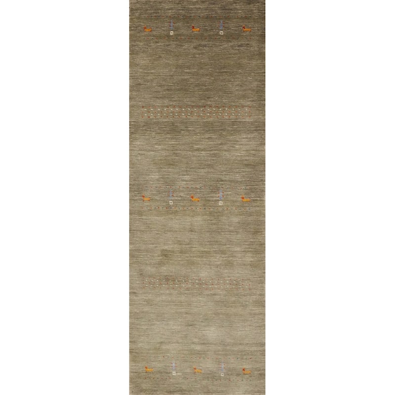 Hand Knotted Oriental 100% Wool Carpet Tribal Animal Pictorial Green Gabbeh Runner Rug - 7' 10'' X 2' 4''