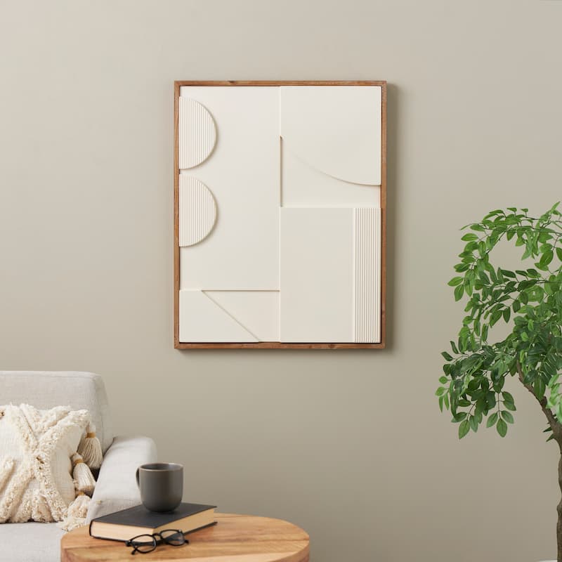 White or Cream Wood Geometric Wall Decor with Brown or Black Wood Frame - Cream/Brown