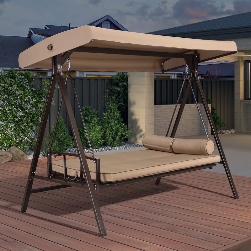 PURPLE LEAF 3-seat Outdoor Patio Porch Swing Adjustable Backrest, Cushions and Pillow Included - Beige (Adjustable Backrest)