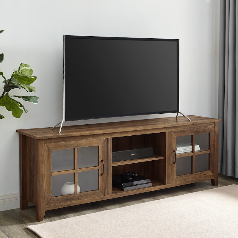 70" Modern Farmhouse TV Stand Featuring Glass Windowpane Doors and Adjustable Shelves