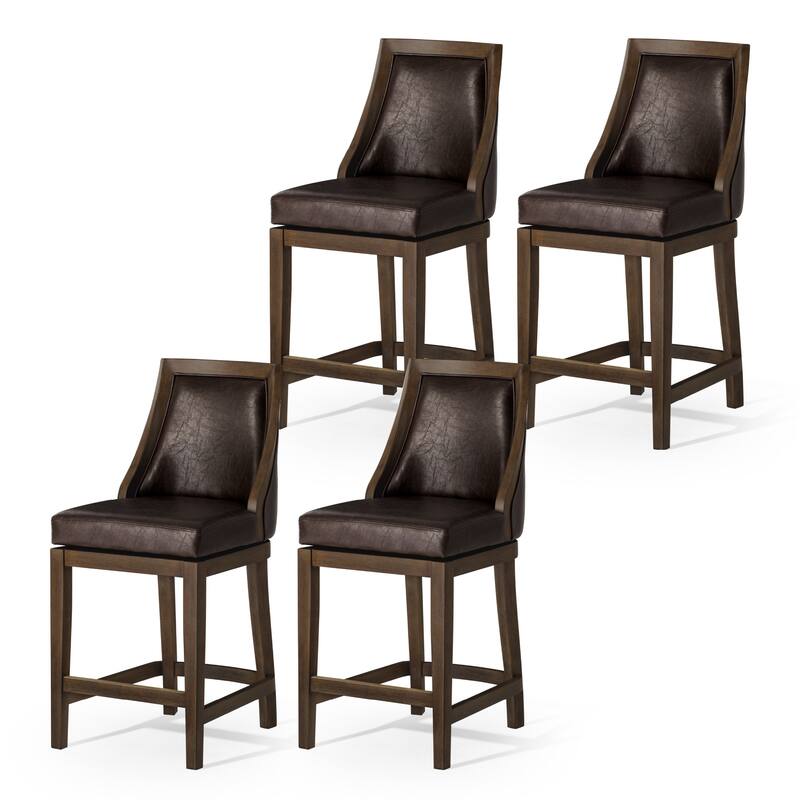 Maven Lane Vienna Swivel Kitchen Stool - Set of 4 - Walnut Vegan Leather - Counter Height
