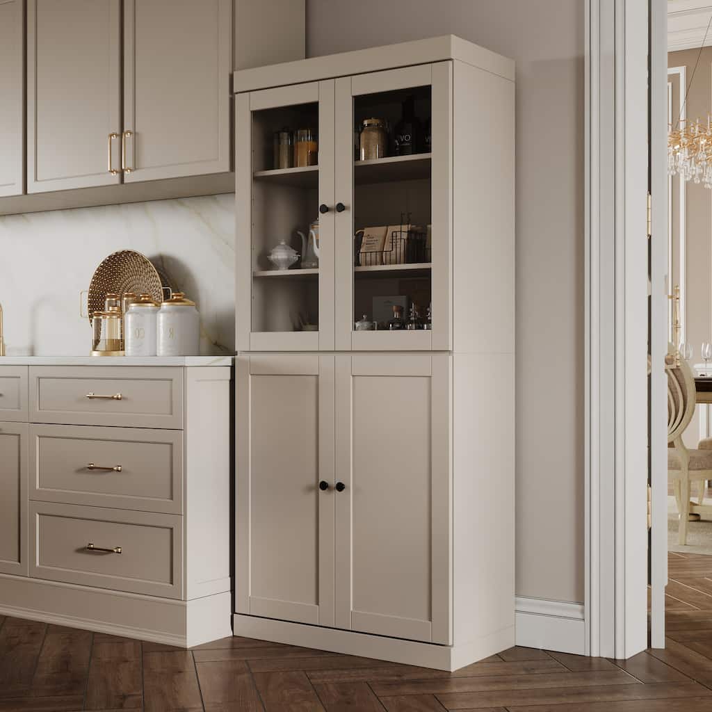 Palace Imports 100% Solid Wood 32" Pantry Cabinet with Clear Glass, Shaker Doors and Adjustable Shelves
