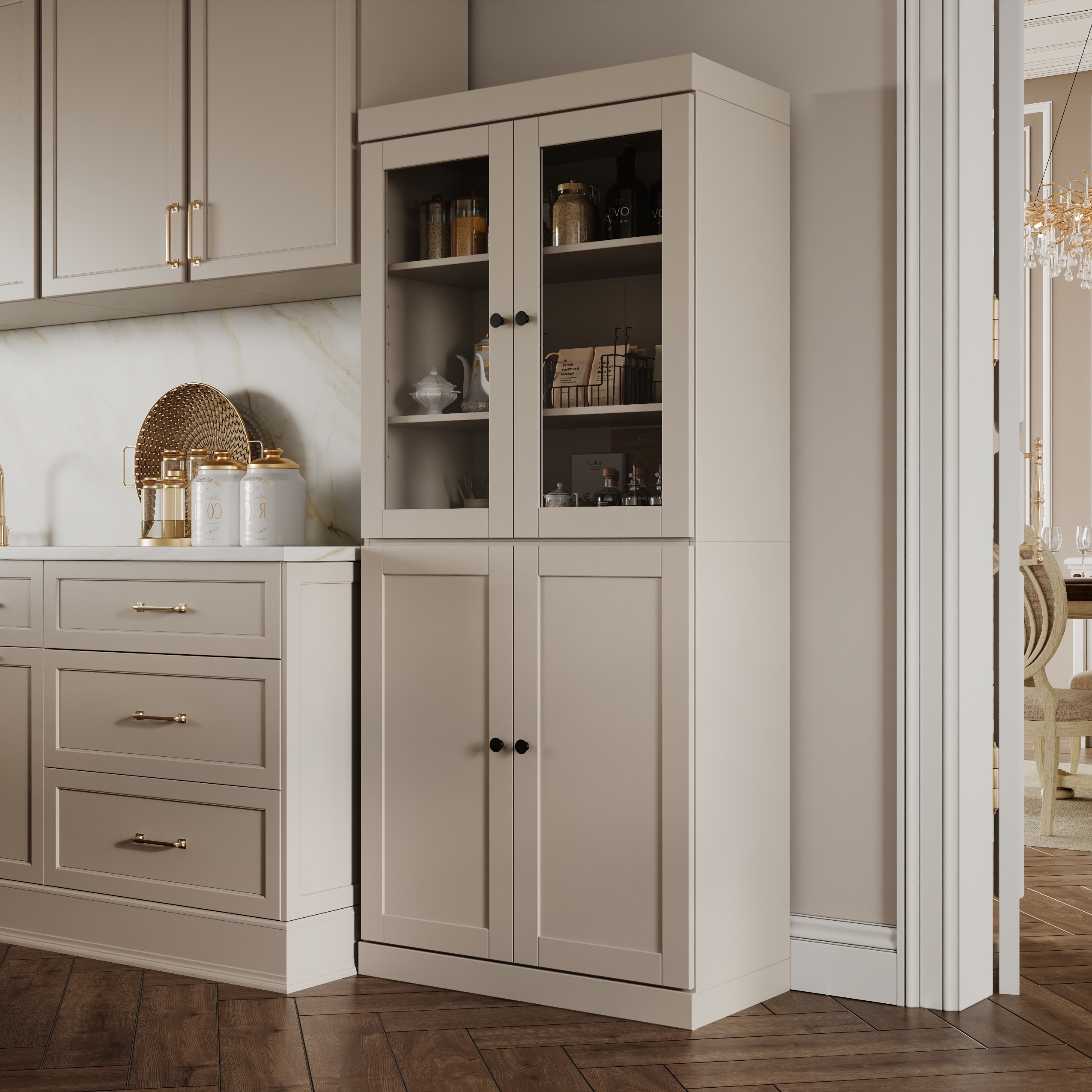 Palace Imports 100% Solid Wood Tall Clear Glass & Shaker Pantry Cabinet, 32" W x 71.5" H
