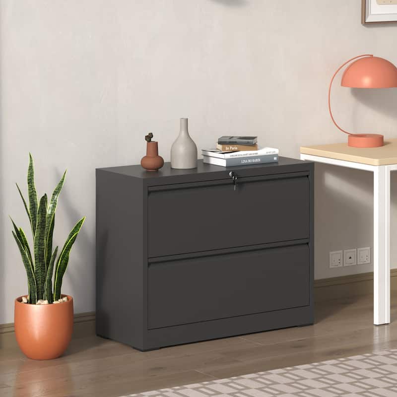 Modern Filing Cabinet Horizontal Filing Cabinet, Heavy Duty Filing Cabinet with silent slides and locks, for home office, Black
