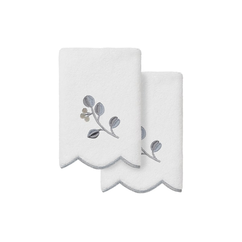 Authentic Hotel and Spa 100% Turkish Cotton WILD BRANCH Scallop Embellished Towel Collection - White/Grey - 2 Fingertip Towels