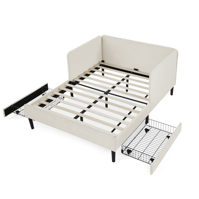 Roomfitters Twin/Full Upholstered Platform Bed with Side Backrest and Underbed Storage Trundle