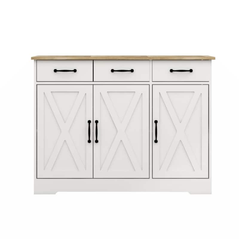Farmhouse Buffet Cabinet Storage Sideboard with 3 Drawers and 3 Doors for Dining Living Room Kitchen Cupboard-White