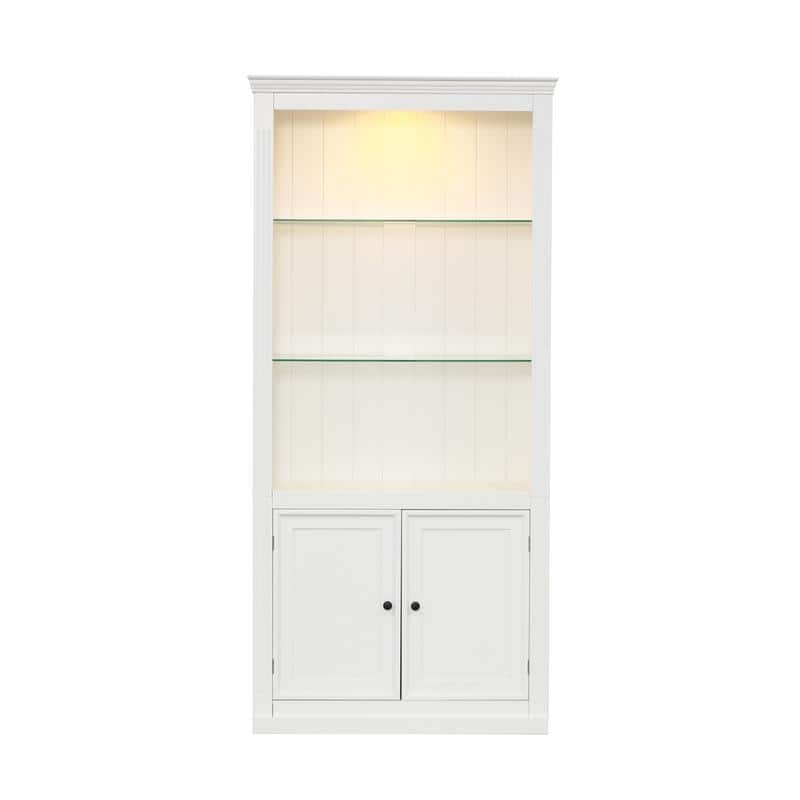 78.75-Inch Retro Display Shelves with 5-Color Adjustable LED Ceiling Light ，Tempered Glass Shelves Bookcase for Living Room