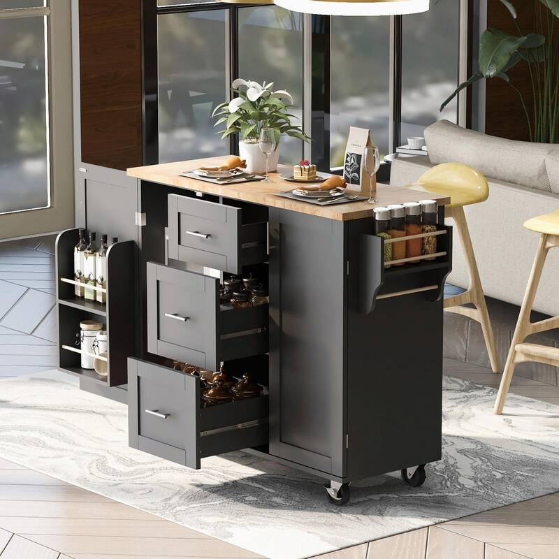 Rolling Kitchen Island with Rubber Wood Top, Drawers, Shelves, Internal Storage, Wheels, Spice & Towel Racks