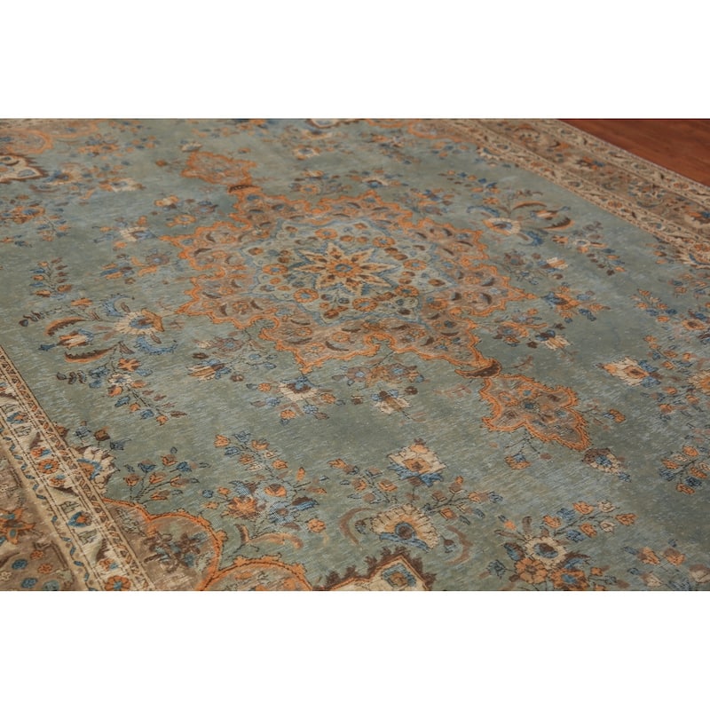 Green Medallion Tabriz Persian Area Rug Hand-Knotted Wool Carpet - 9'6"x 12'11"