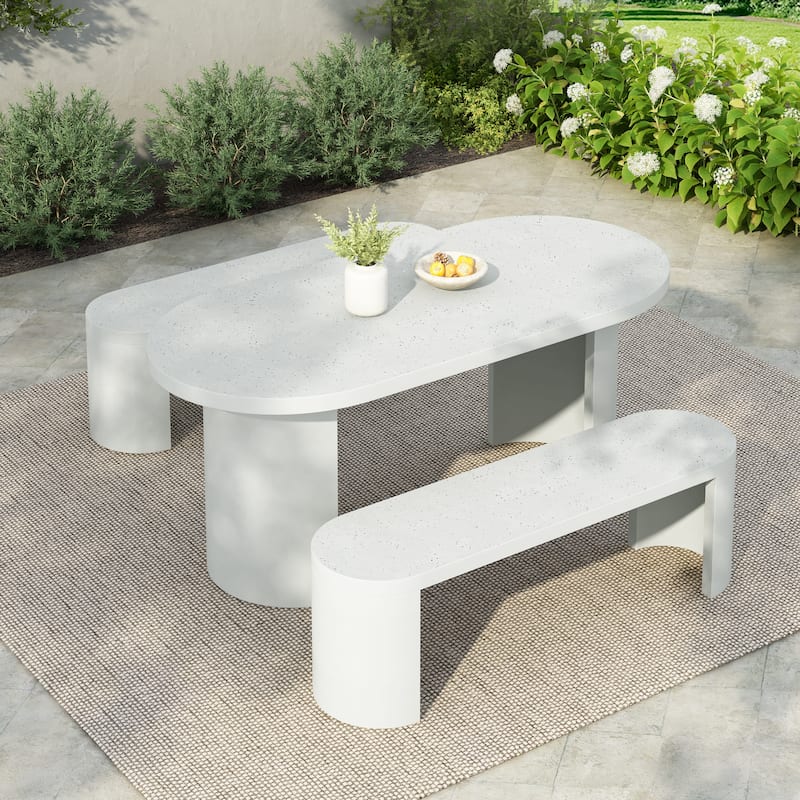 Christopher Knight Home - Vireo Terrazzo White Concrete Patio Dining Table with Bench - Terrazzo White + 3 Piece