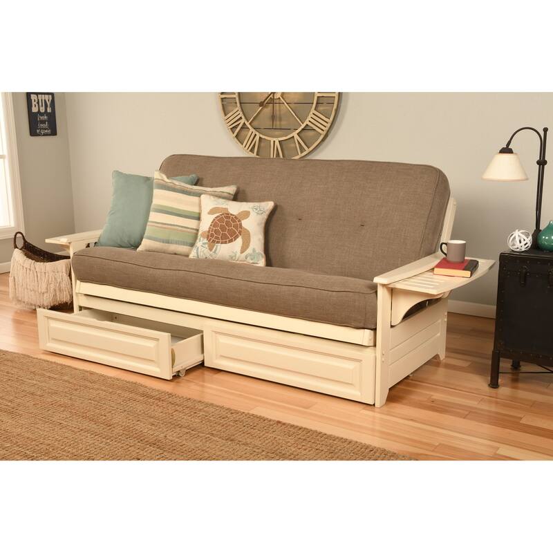 Somette Phoenix Futon Set in Antique White Wood with Innerspring Mattress and Storage Drawers - Linen Stone