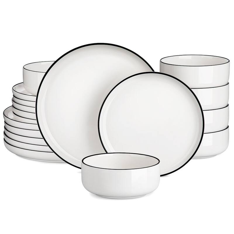 MALACASA LUNA 18-Piece Porcelain Dinnerware Set (Service for 6) - Black Trim