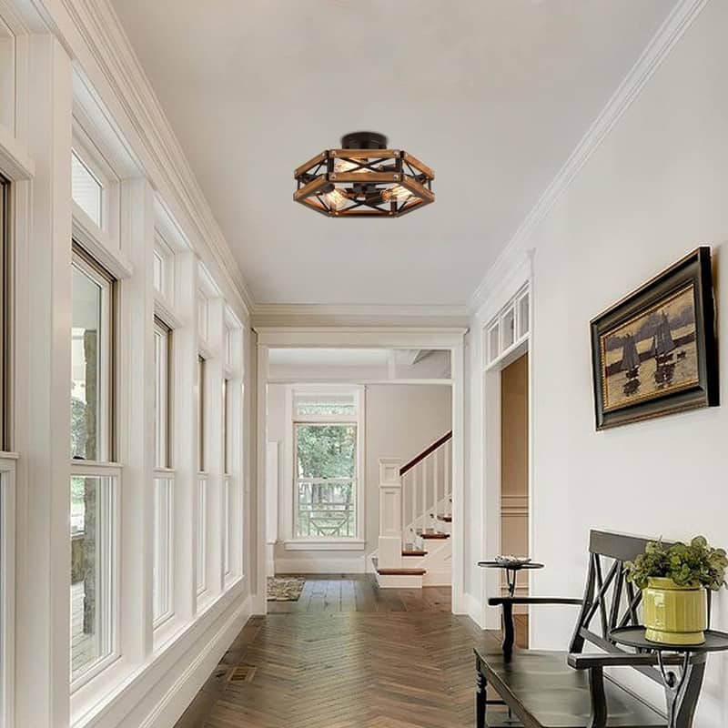 3 Light light bulbs oak , black light fixture wood ceiling light - N/A