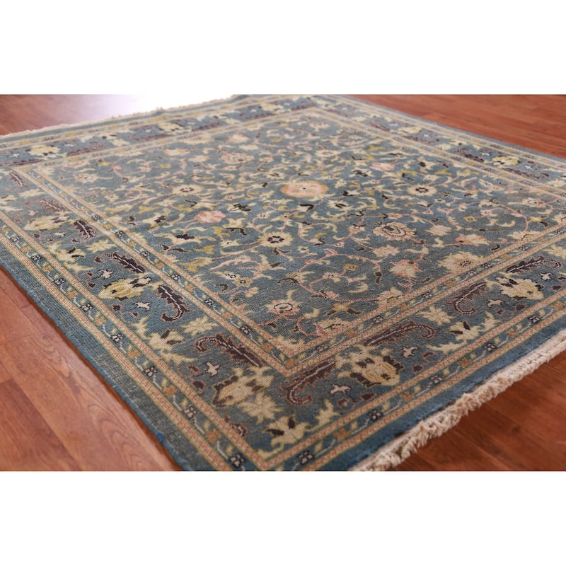 Floral Blue Oushak Vegetable Dye Square Rug Hand-Knotted Wool Carpet - 5'2" x 5'5"