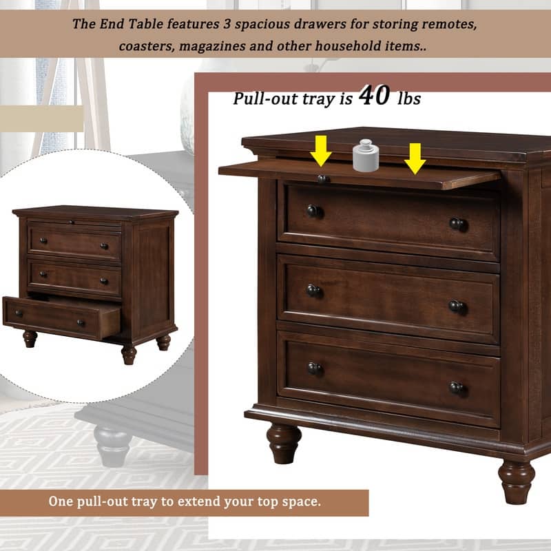 Modern 3-Drawer Nightstand (Set of 2) with Pull Out Tray for Organized Living Spaces