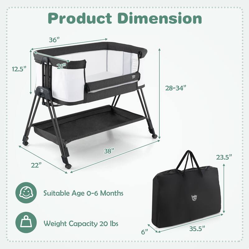 Baby Bedside Folding Bassinet with Wheels & Storage Tray