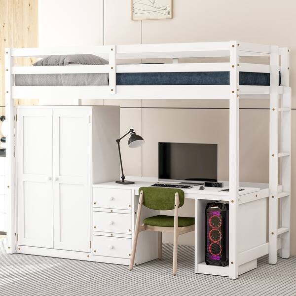 slide 2 of 35, Twin Size Twin Size Pine Wood Loft Bed with Wardrobe, Desk, and Storage Drawers Twin - White