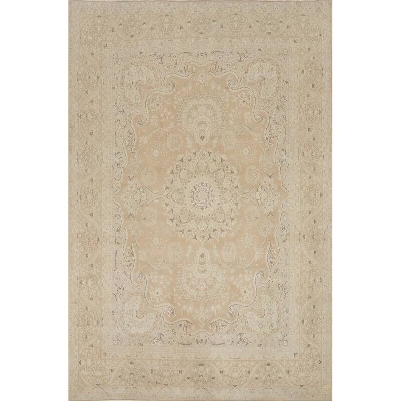 Hand Knotted Oriental 100% Wool Carpet Traditional Floral Beige & Ivories Kerman Area Rug - 12' 10'' X 9' 7''