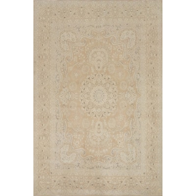 Hand Knotted Oriental 100% Wool Carpet Traditional Floral Beige & Ivories Kerman Area Rug - 12' 10'' X 9' 7''