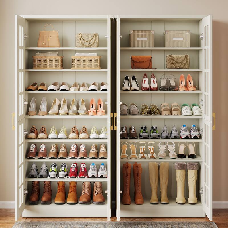 9-Tier Shoe Cabinet with Adjustable Shelves and Doors (71 Inches) - 2-Piece (White) - White