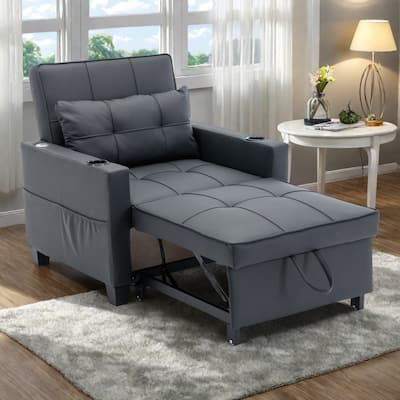 Leather Convertible Futon Armchair Bed with USB Ports, Adjustable Backrest (3-Position), and Built-in Cup Holders