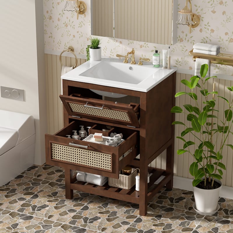 24" Bathroom Vanity with Ceramic Sink - Cabinet with 1 Deep Drawer & Tip-Out Drawer for Small/Medium Bathrooms - Brown