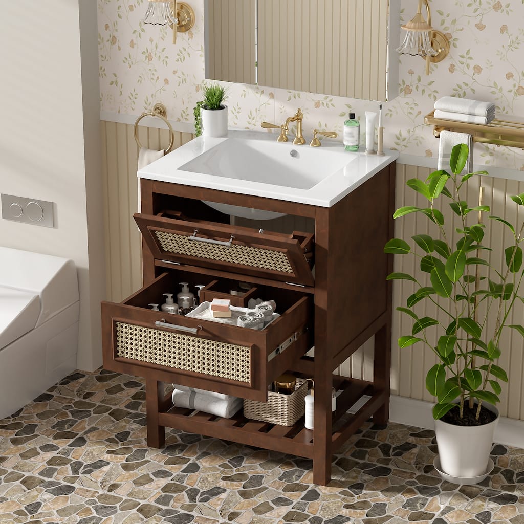 24" Bathroom Vanity with Ceramic Sink - Cabinet with 1 Deep Drawer & Tip-Out Drawer for Small/Medium Bathrooms
