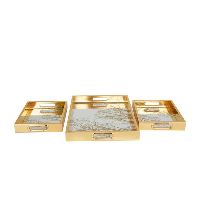 Gold Plastic Mirrored Geometric Living Room Decor Tray (Set of 3)