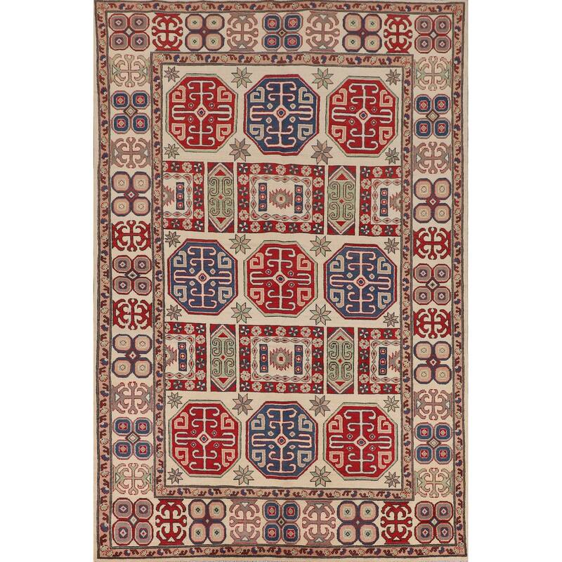 Traditional Beige Kazak Oriental Area Rug Hand-Knotted Wool Carpet - 6'6" x 9'6"